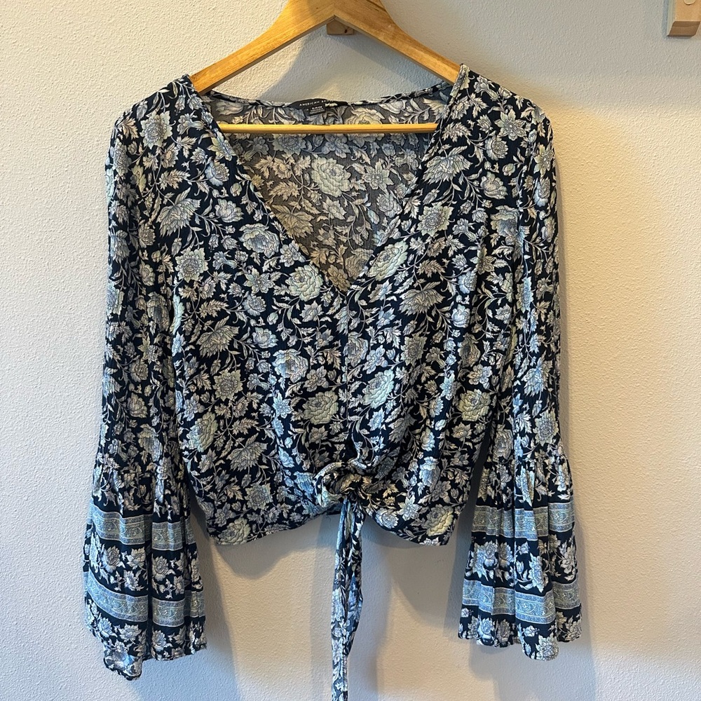 American Eagle Outfitters White and Blue Bell Sleeve Wrap Blouse
